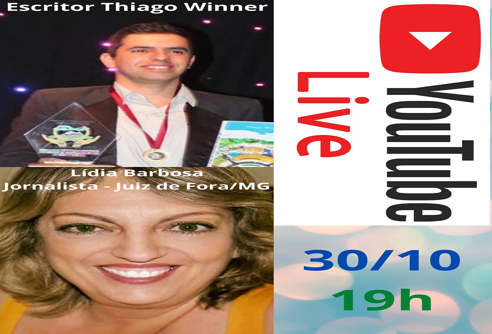 notícia Live (31/10) as 19h, com o escritor/poeta Thiago Winner. Entrevista feita pela jornalista Lídia Barbosa.