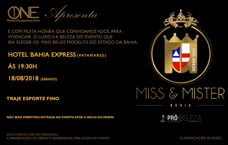 noticia Miss e Mister Bahia 2018 acontece neste sábado, 18 de agosto, no Hotel Bahia Express em Salvador
