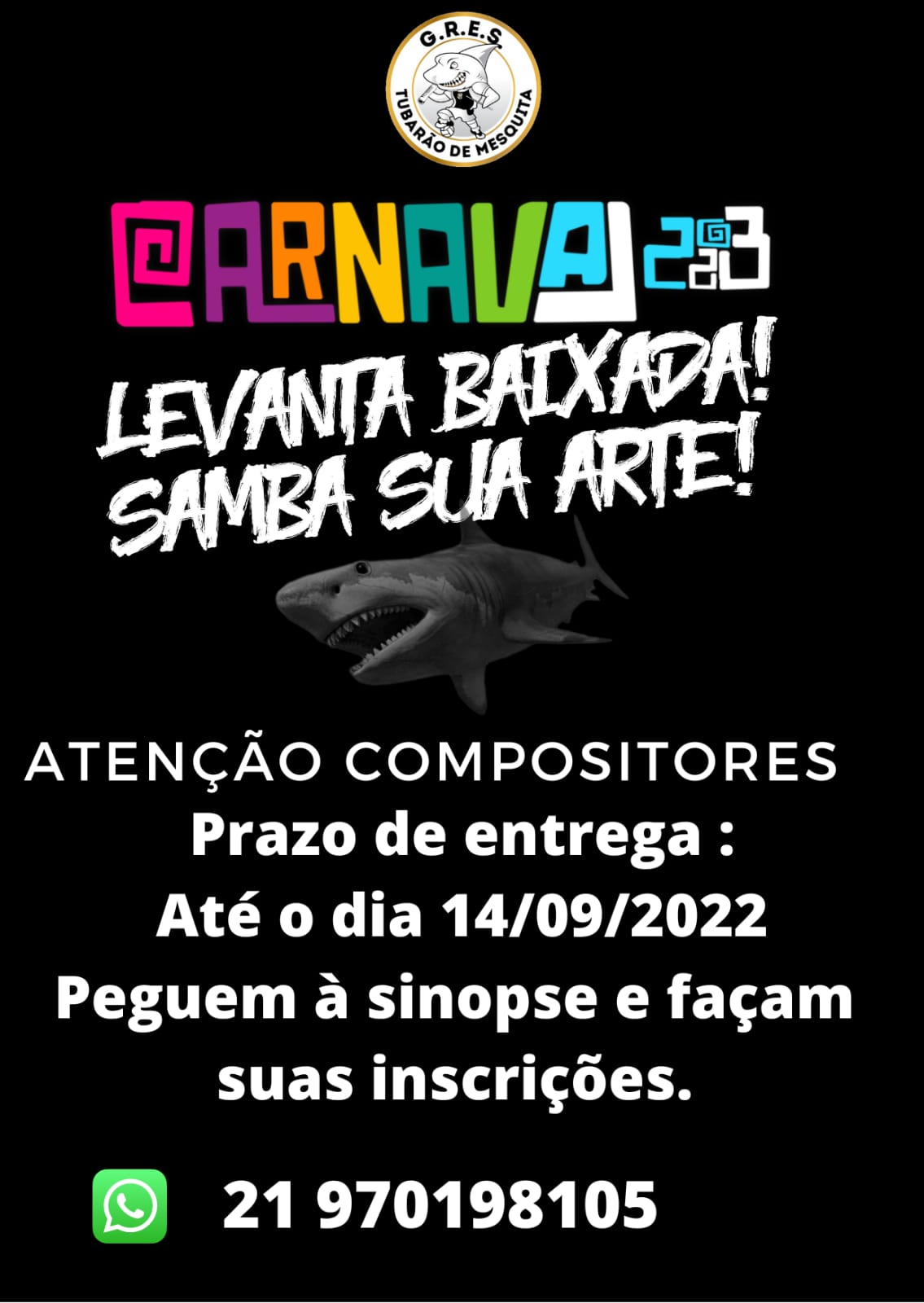 artigo Tubarão de Mesquita fará premiação em dinheiro para samba enredo campeão