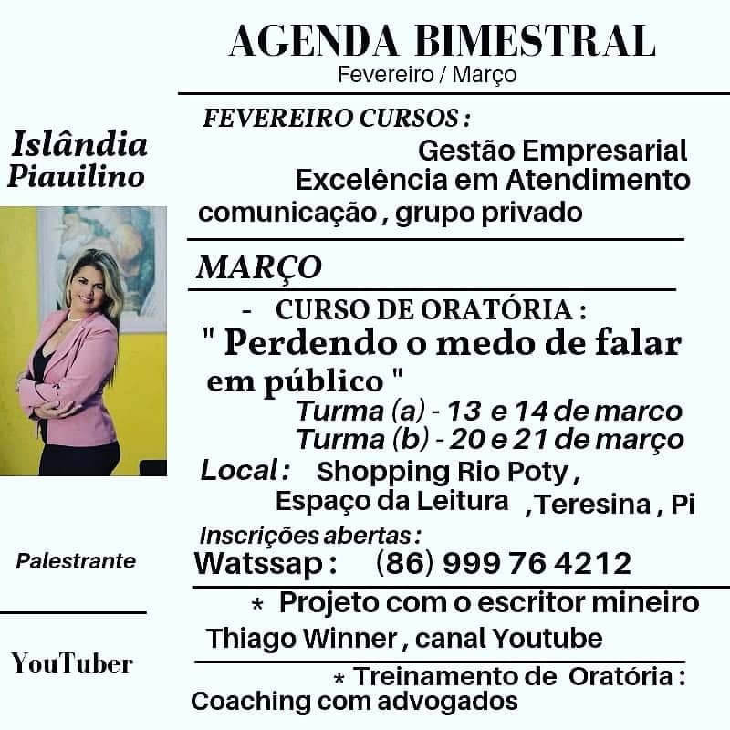 artigo Agenda Bimestral. Islândia Piauilino: palestrante, youtuber e instrutora em oratória