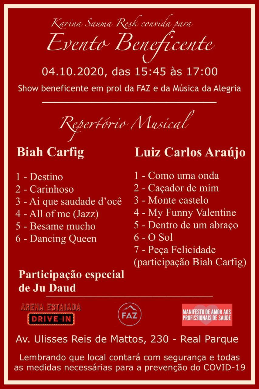 artigo Biah Carfig e Luiz Carlos Araújo, irão se apresentar em evento beneficente em prol da FAZ e da Música da Alegria