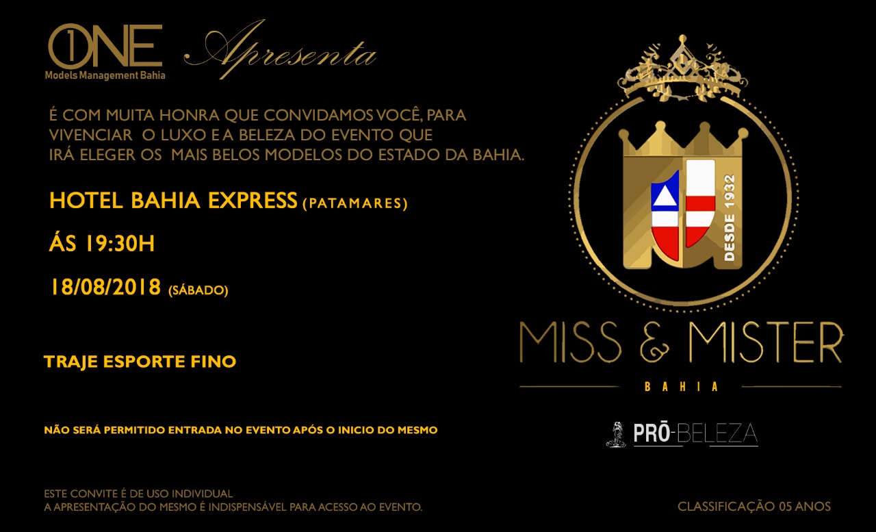 noticia Miss e Mister Bahia 2018 acontece neste sábado, 18 de agosto, no Hotel Bahia Express em Salvador