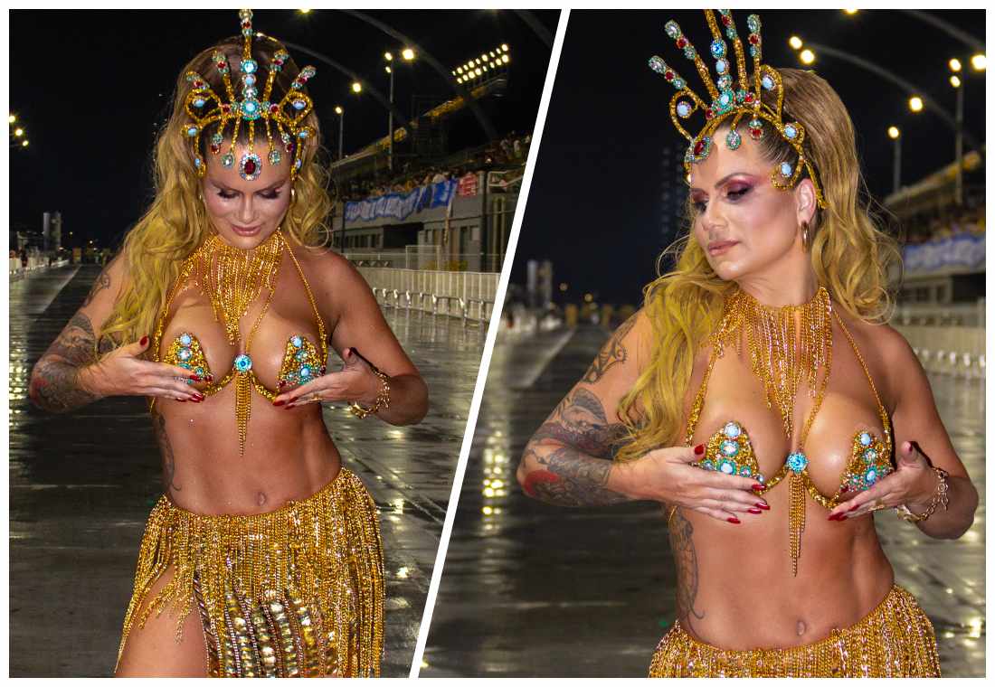 noticia Muss fitness Isis Camargo faz da chuva um manifesto de amor ao carnaval no 1º ensaio técnico do Tucuruvi