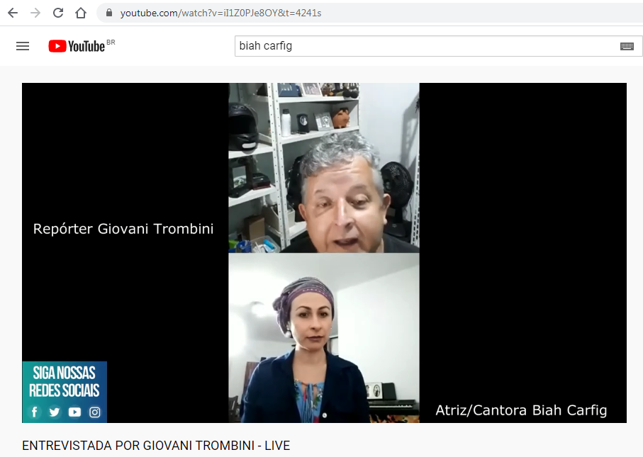 noticia Atriz e cantora Biah Carfig sede entrevista ao repórter Giovani Trombini