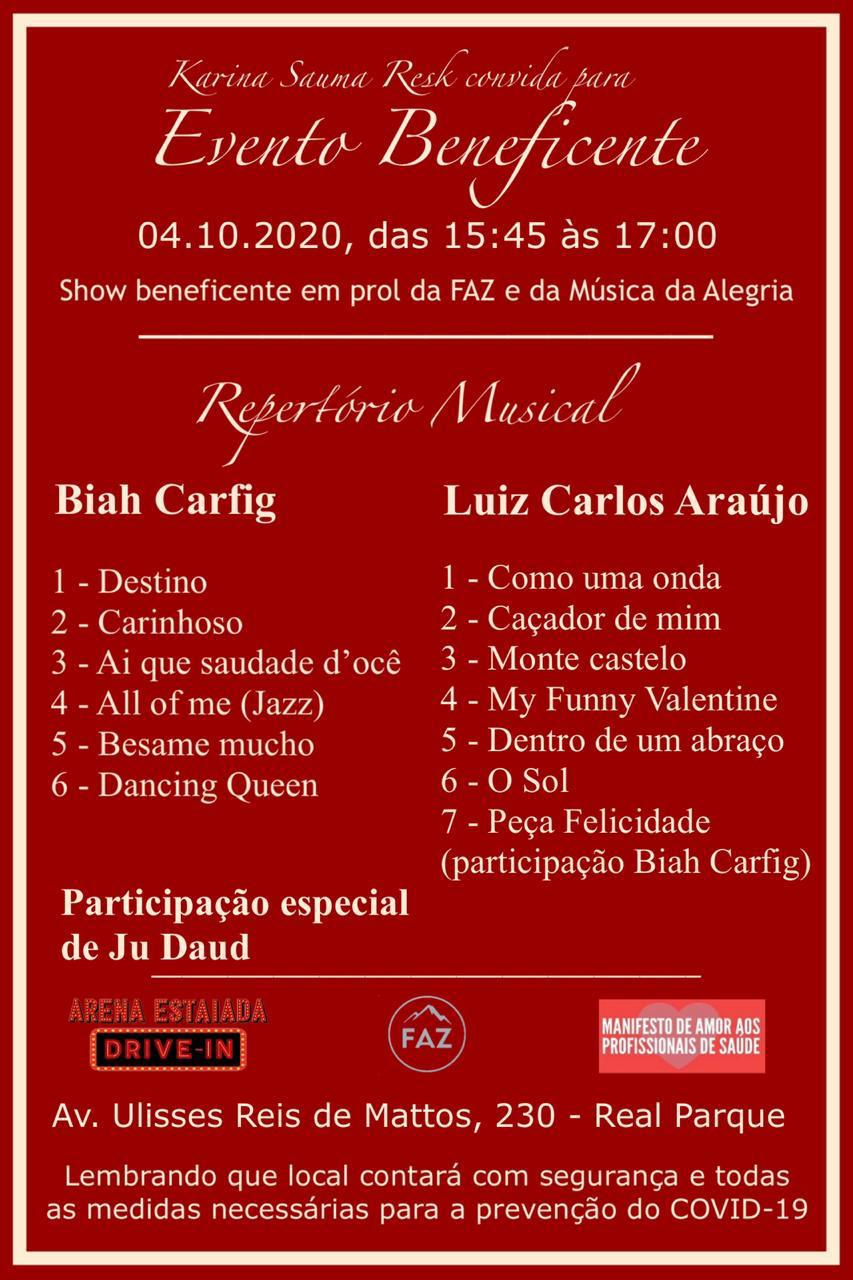 noticia Biah Carfig e Luiz Carlos Araújo, irão se apresentar em evento beneficente em prol da FAZ e da Música da Alegria