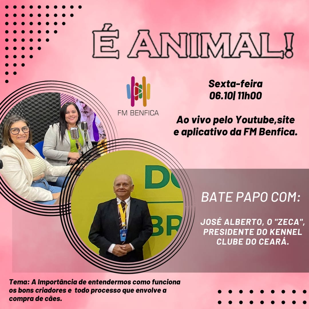 noticia O podcast É Animal!:  programa sobre pets da FM Benfica, receberá o Presidente do Kennel Clube do Ceará, José Alberto Brás Thiers, o “Zeca”
